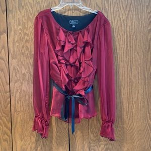 Beautiful Cranberry ruffled blouse with black tie bow